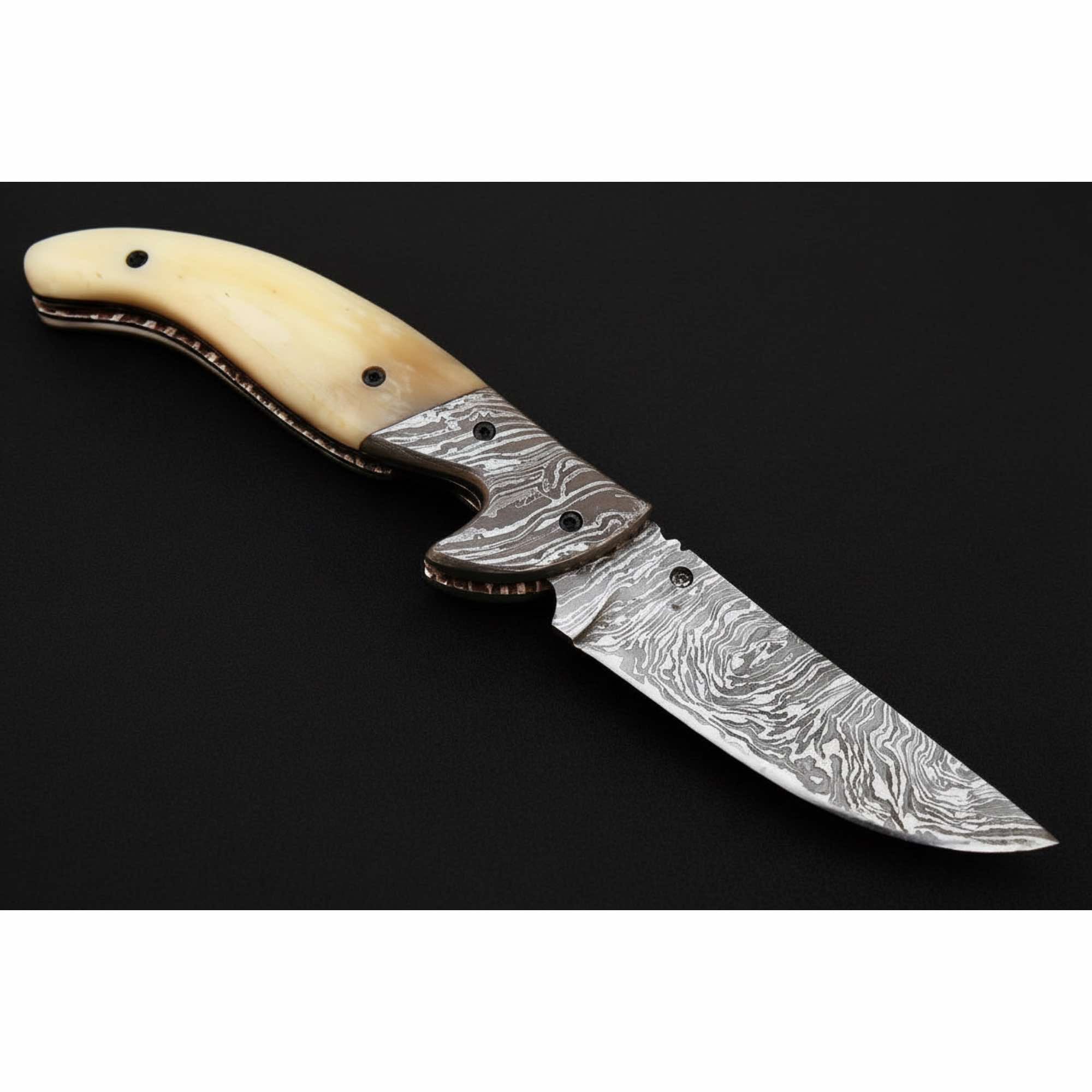 Handmade Damascus Folding Knife with Bone Handle – Compact EDC Pocket Knife with Leather Sheath