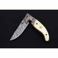Handmade Damascus Folding Knife with Bone Handle – Compact EDC Pocket Knife with Leather Sheath