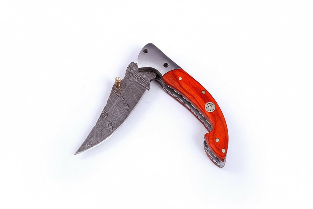Handmade Damascus Folding Knife with Orange Pakka Wood Handle & Leather Sheath