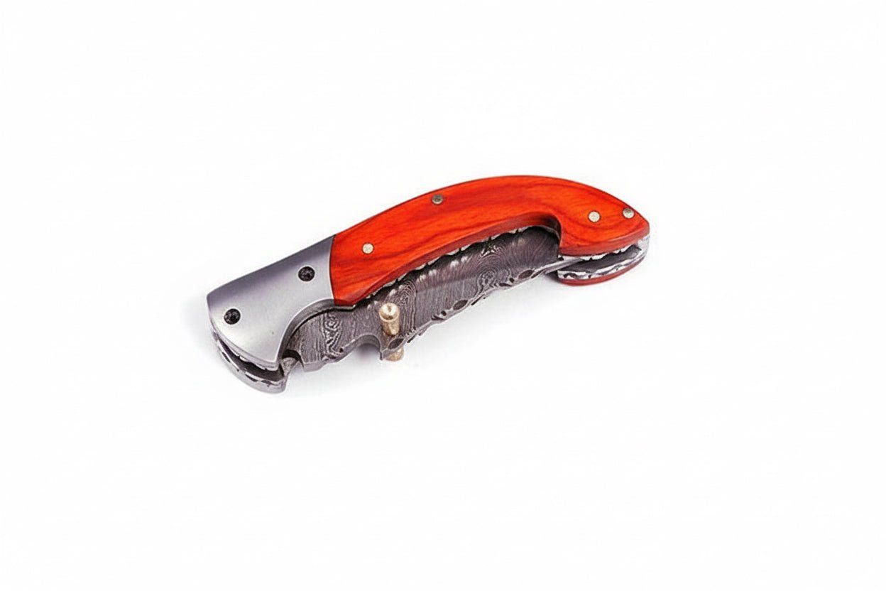 Handmade Damascus Folding Knife with Orange Pakka Wood Handle & Leather Sheath
