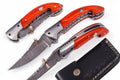 Handmade Damascus Folding Knife with Orange Pakka Wood Handle & Leather Sheath