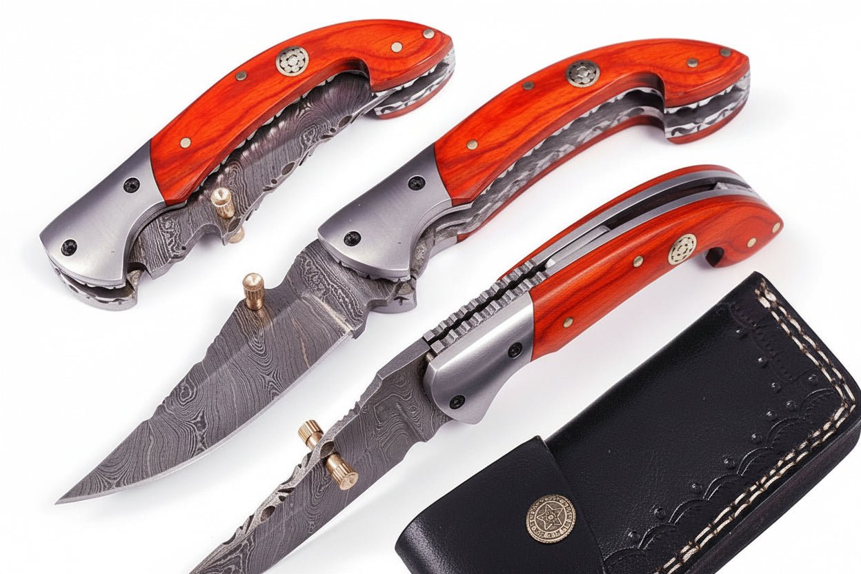 Handmade Damascus Folding Knife with Orange Pakka Wood Handle & Leather Sheath