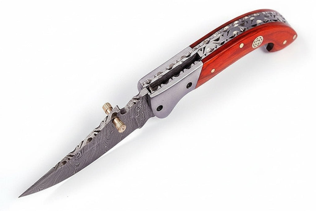 Handmade Damascus Folding Knife with Orange Pakka Wood Handle & Leather Sheath