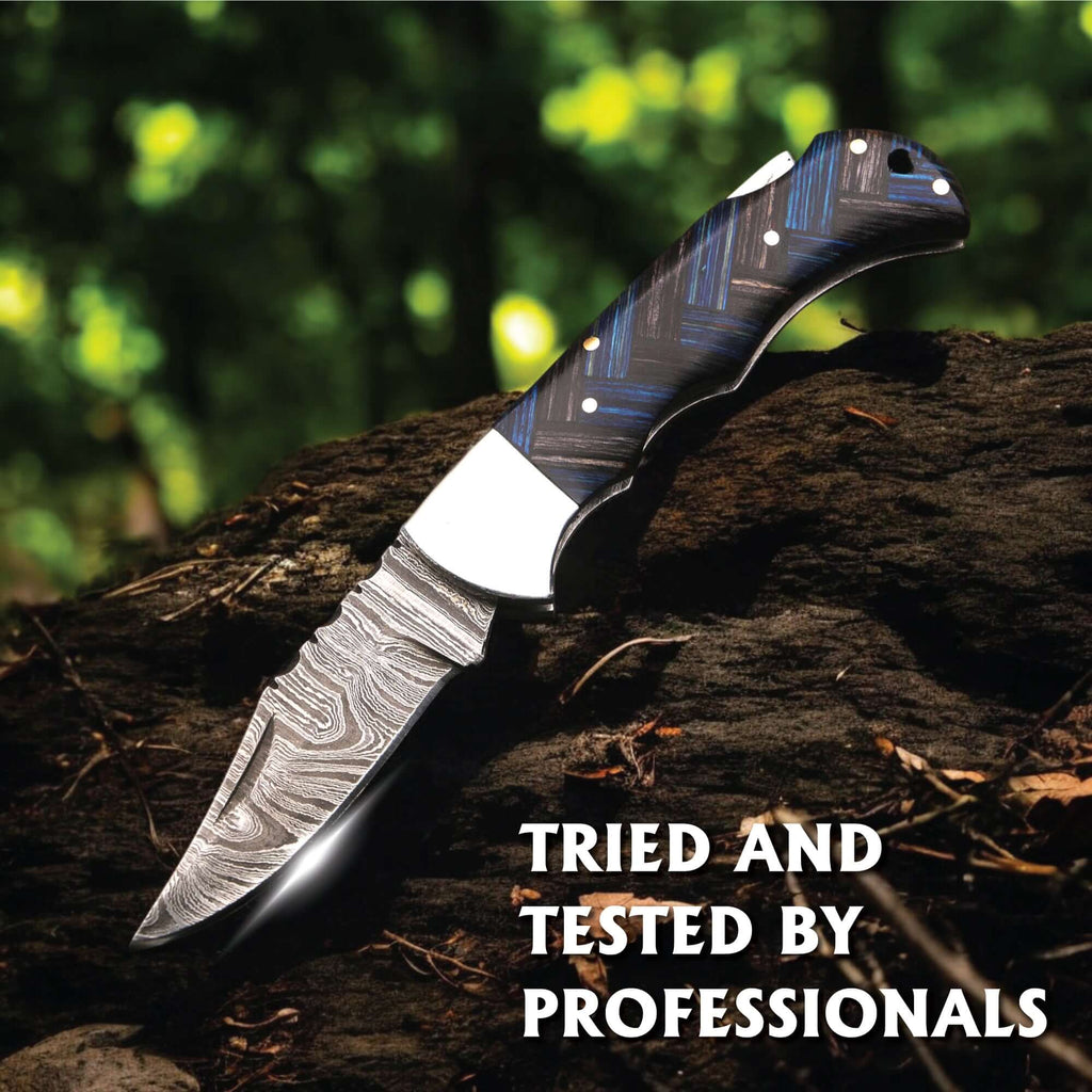 Handmade Damascus Folding Knife with Pakka Wood Handle & Leather Sheath