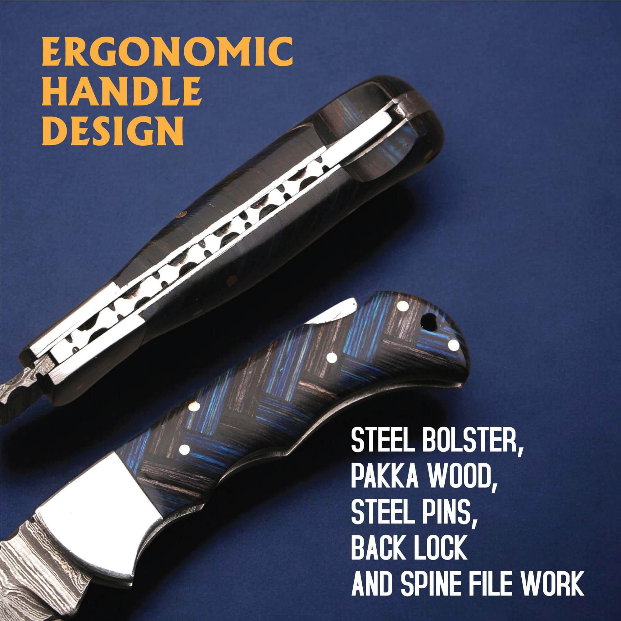 Handmade Damascus Folding Knife with Pakka Wood Handle & Leather Sheath