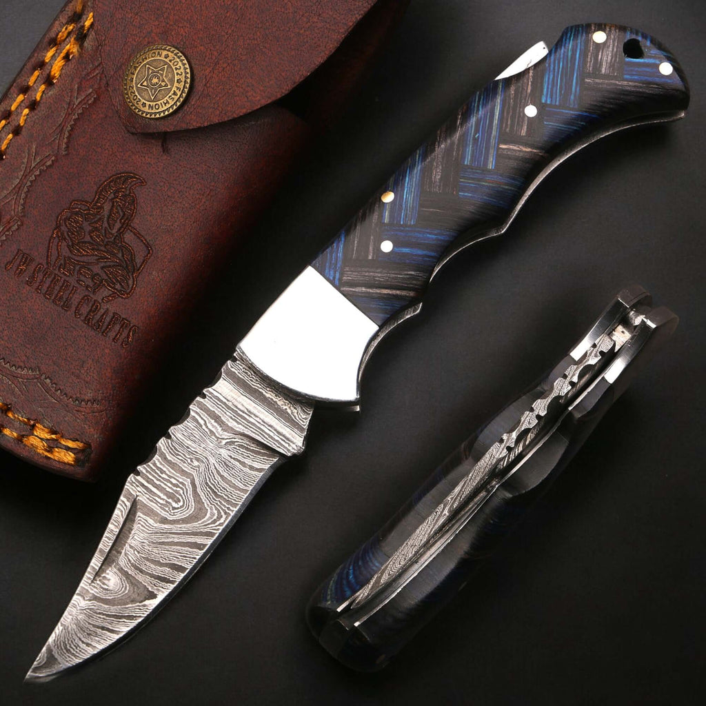 Handmade Damascus Folding Knife with Pakka Wood Handle & Leather Sheath