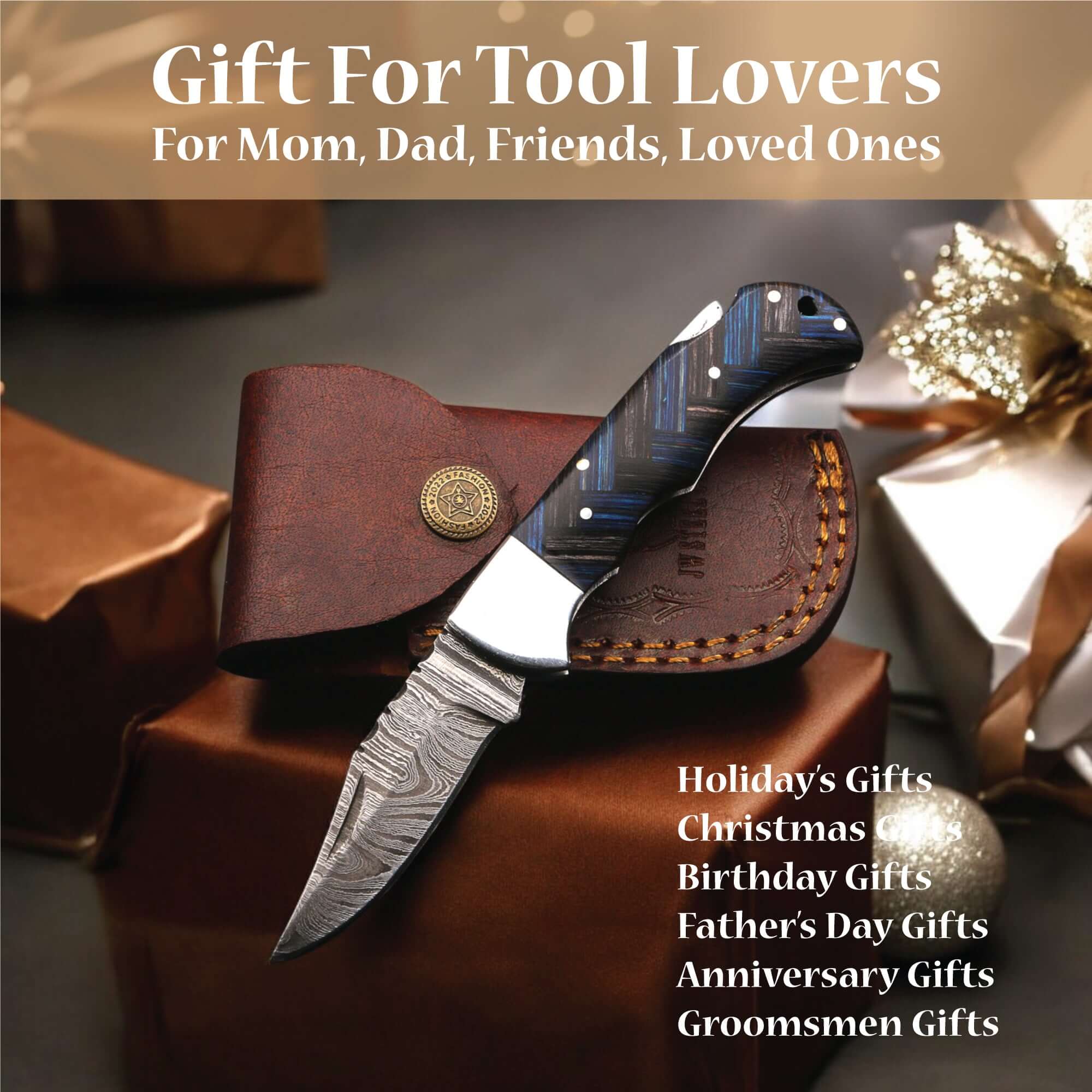 Handmade Damascus Folding Knife with Pakka Wood Handle & Leather Sheath