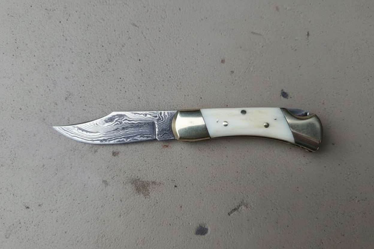 Handmade Damascus Folding Pocket Knife – Bone Handle with Brass Bolsters