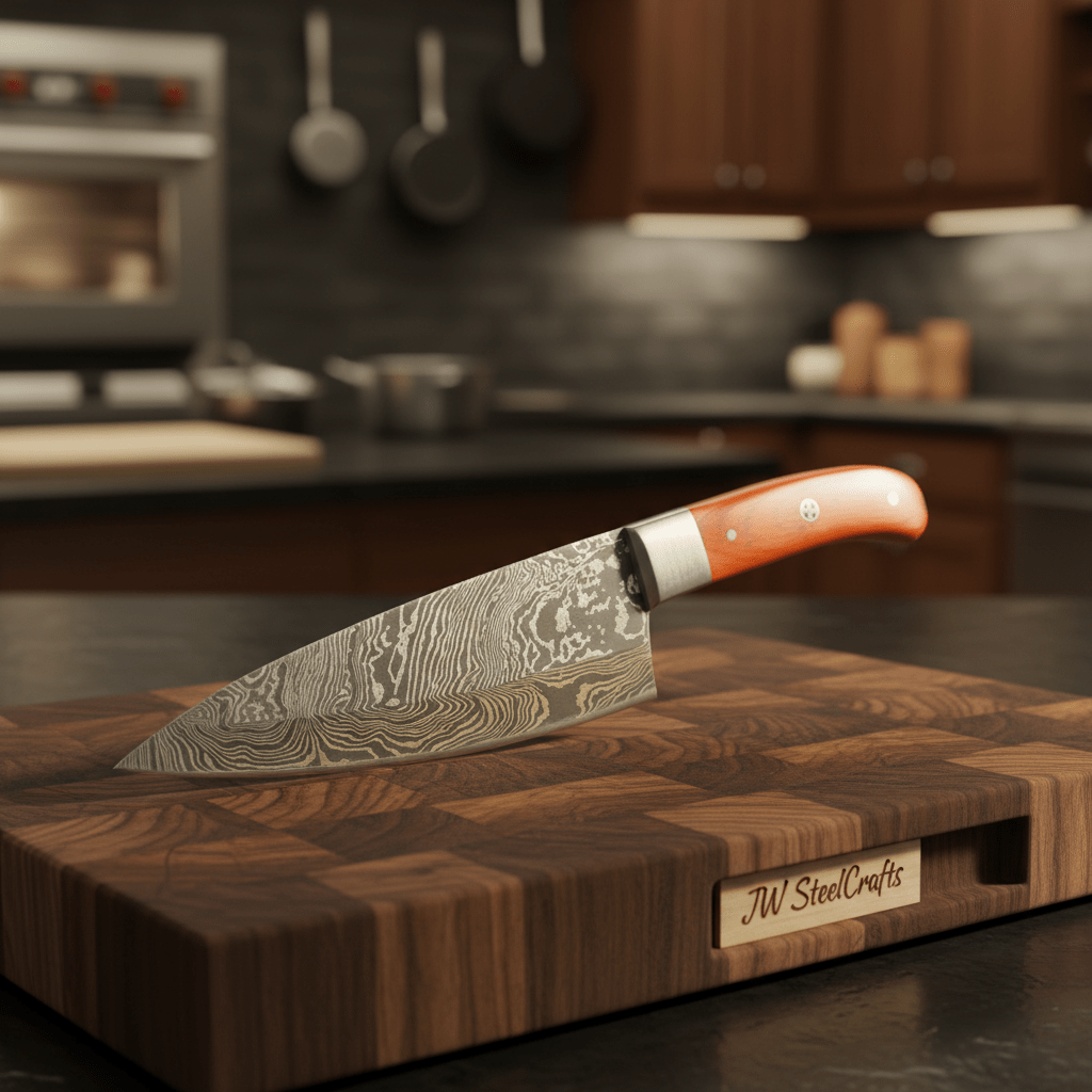 Handmade Damascus Gyuto Knife, Orange Wood Handle Japanese Kitchen Knife, Forged Damascus Steel Chef Gyuto, Professional Cooking Knife, JW SteelCrafts