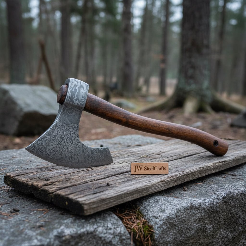 Handmade Damascus Steel Bearded Viking Axe with Hardwood Handle – Custom Forged Norse Camp Axe | JW SteelCrafts