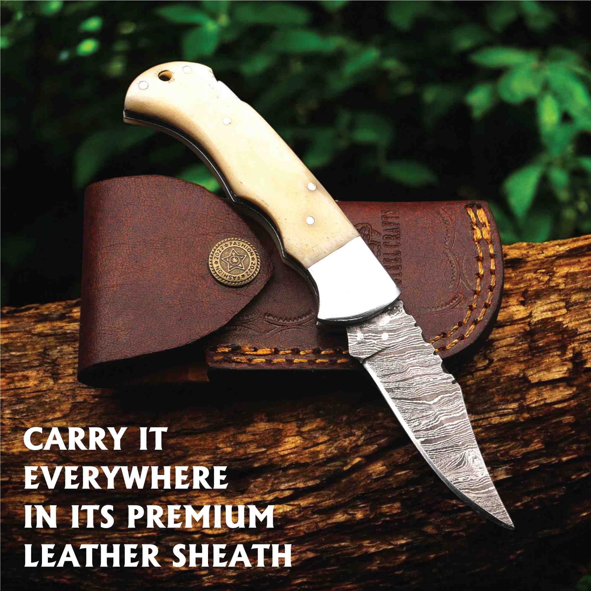 Handmade Damascus Steel Folding Knife – Camel Bone Handle (5 Handle Options)