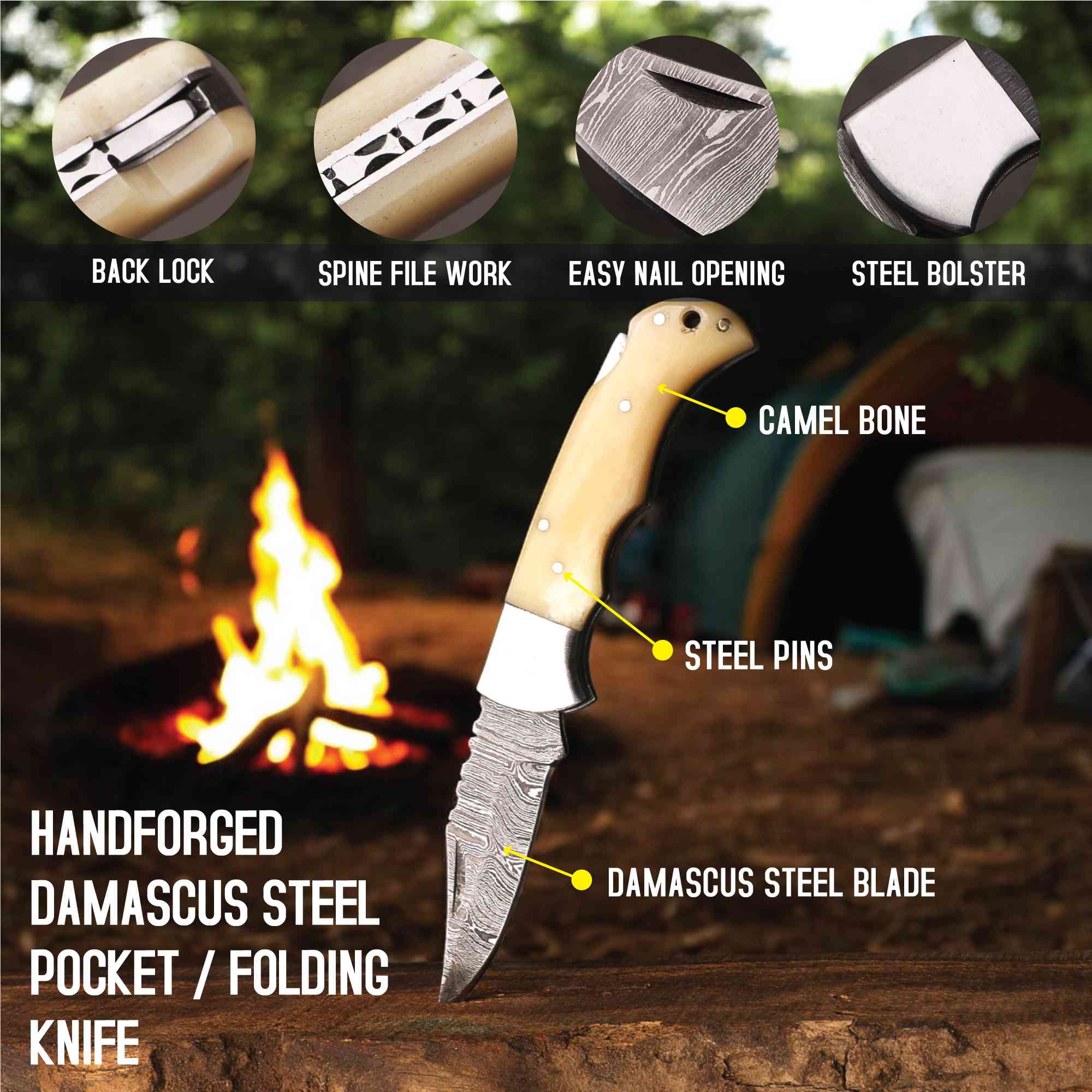 Handmade Damascus Steel Folding Knife – Camel Bone Handle (5 Handle Options)