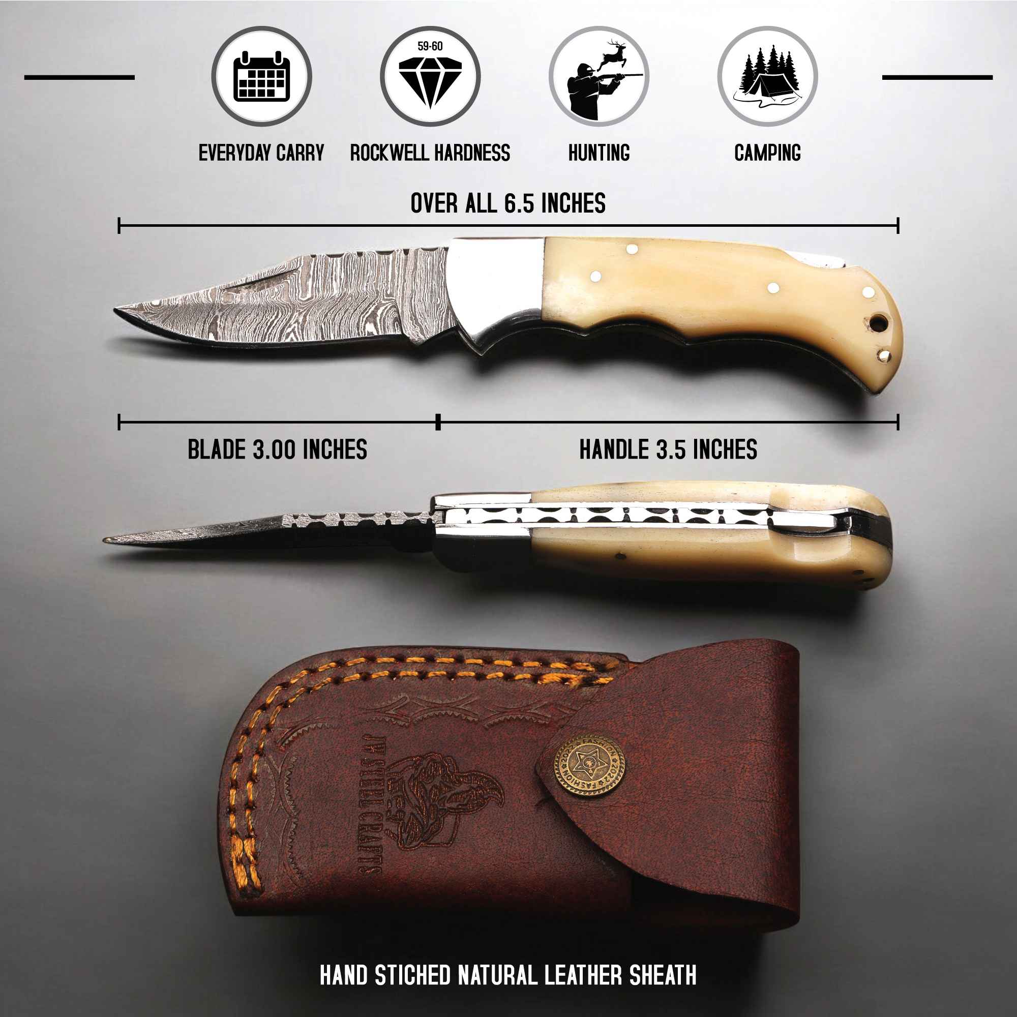 Handmade Damascus Steel Folding Knife – Camel Bone Handle (5 Handle Options)