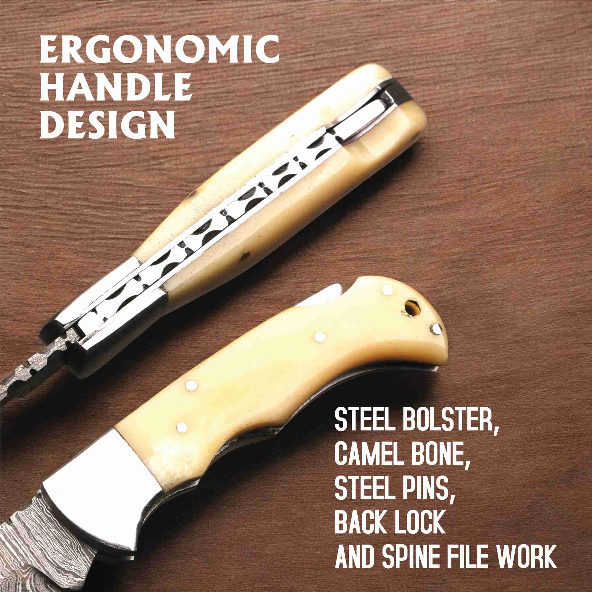 Handmade Damascus Steel Folding Knife – Camel Bone Handle (5 Handle Options)