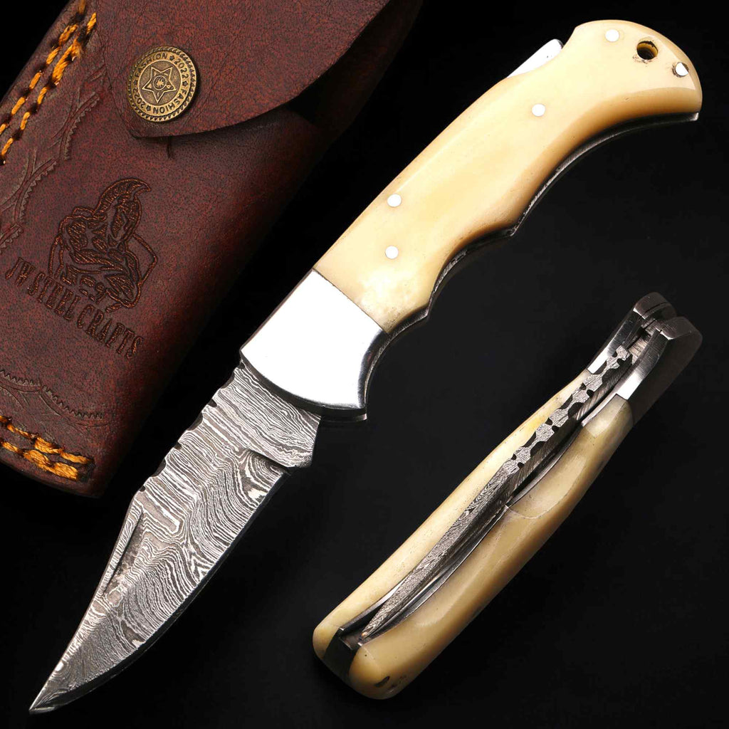 Handmade Damascus Steel Folding Knife – Camel Bone Handle (5 Handle Options)