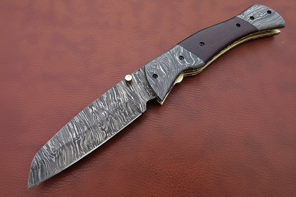 Handmade Damascus Steel Folding Knife – Matte Black Handle with Brass Liner & Thumb Stud | JW SteelCrafts