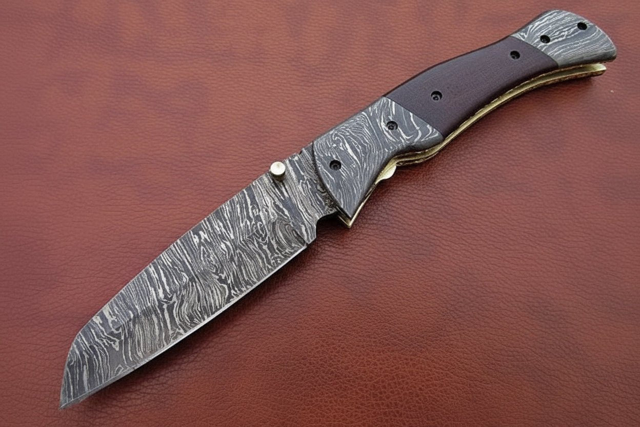 Handmade Damascus Steel Folding Knife – Matte Black Handle with Brass Liner & Thumb Stud | JW SteelCrafts