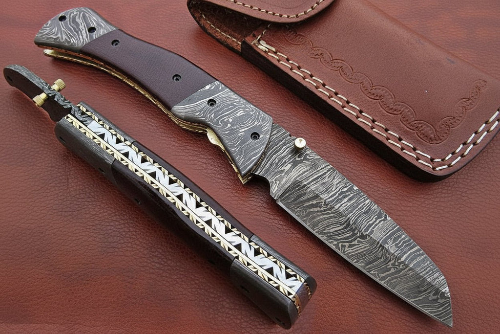 Handmade Damascus Steel Folding Knife – Matte Black Handle with Brass Liner & Thumb Stud | JW SteelCrafts