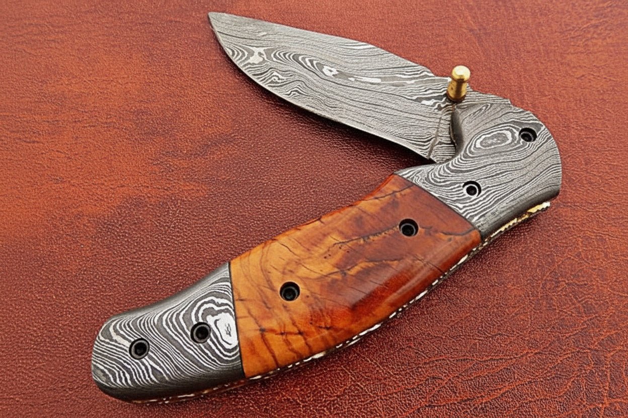 Handmade Damascus Steel Folding Knife with Amber Burl Wood Handle – Custom Pocket Knife by JW SteelCrafts