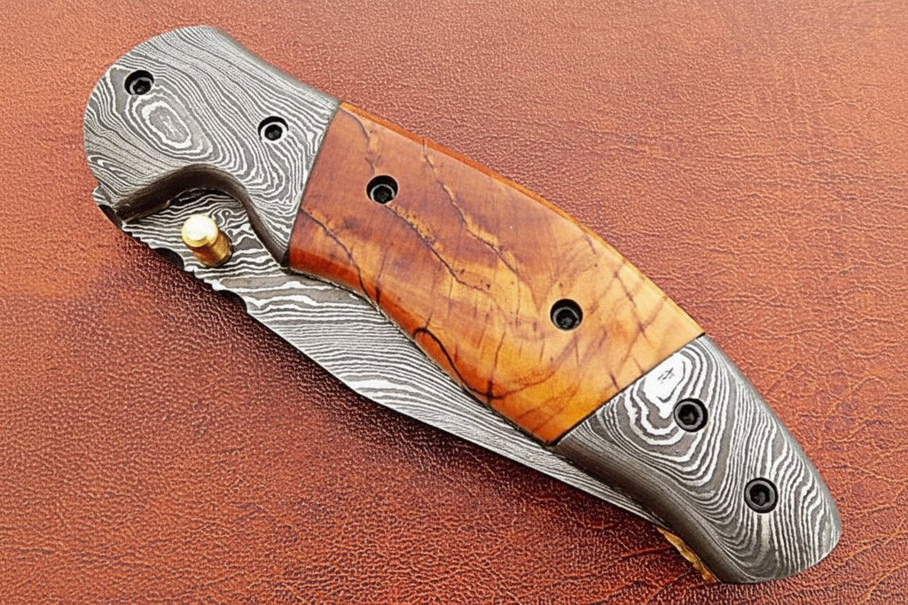 Handmade Damascus Steel Folding Knife with Amber Burl Wood Handle – Custom Pocket Knife by JW SteelCrafts