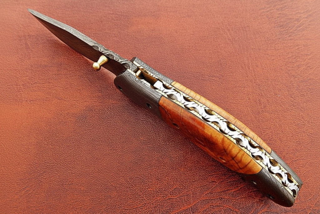 Handmade Damascus Steel Folding Knife with Amber Burl Wood Handle – Custom Pocket Knife by JW SteelCrafts