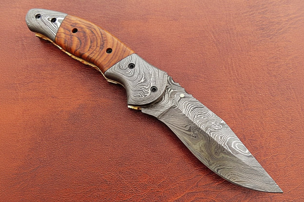 Handmade Damascus Steel Folding Knife with Amber Burl Wood Handle – Custom Pocket Knife by JW SteelCrafts