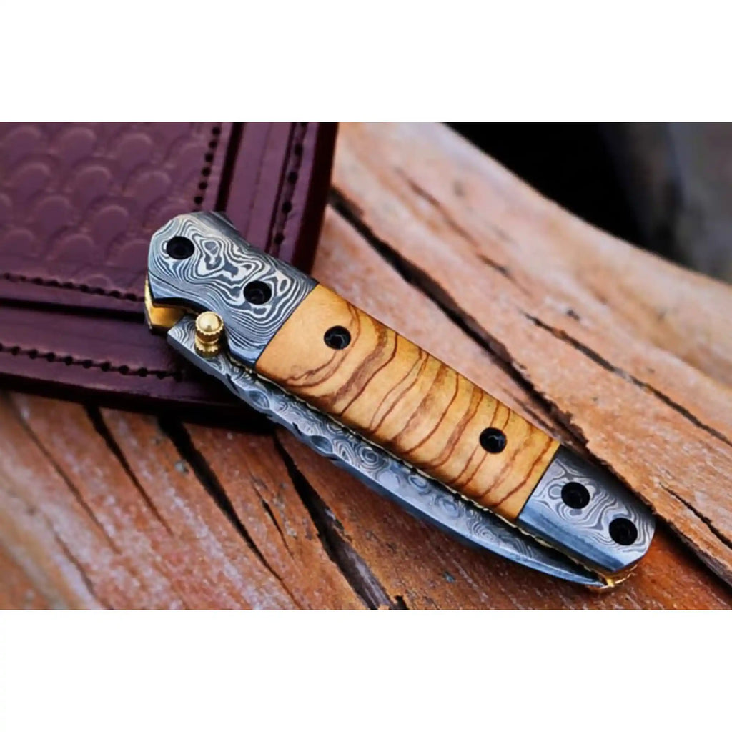 Handmade Damascus Steel Folding Knife with Olive Wood Handle – Pocket Knife for Everyday Carry & Gift