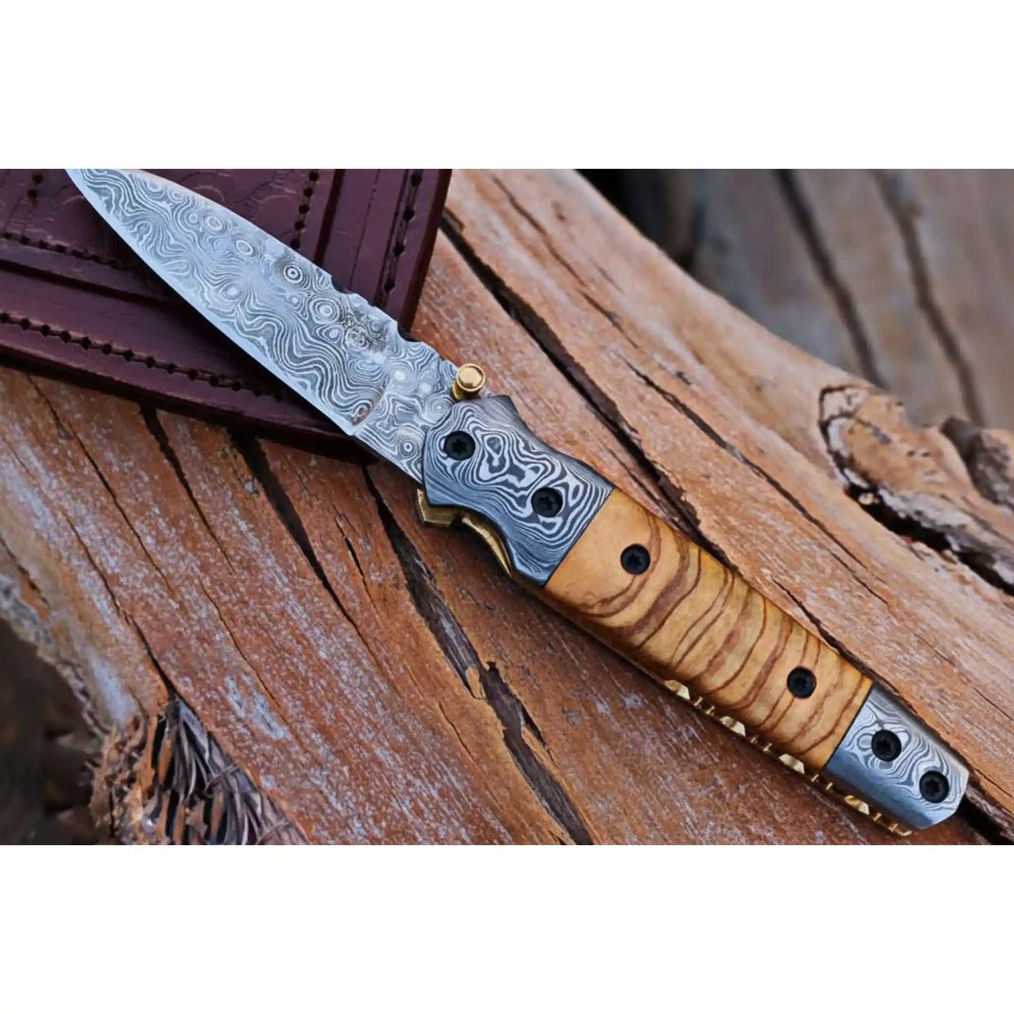 Handmade Damascus Steel Folding Knife with Olive Wood Handle – Pocket Knife for Everyday Carry & Gift