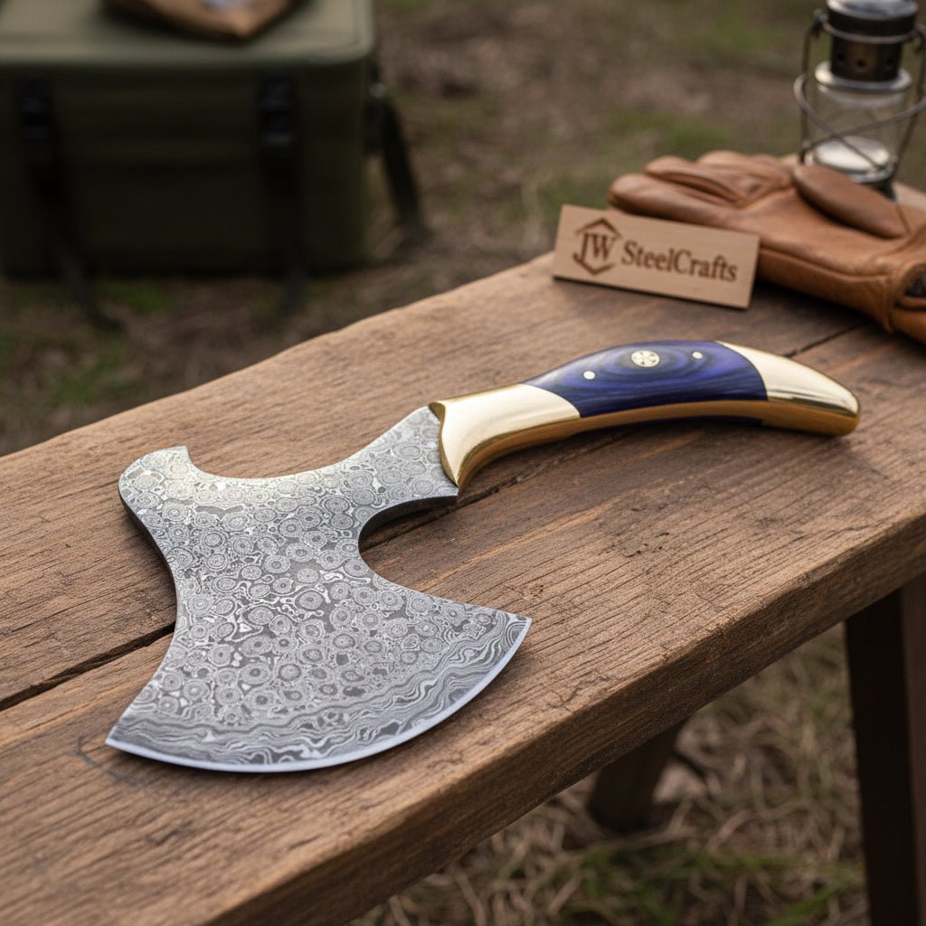 Handmade Damascus Steel Hatchet – Custom Hand Forged Camping Axe with Hardwood Handle & Leather Sheath | JW SteelCrafts