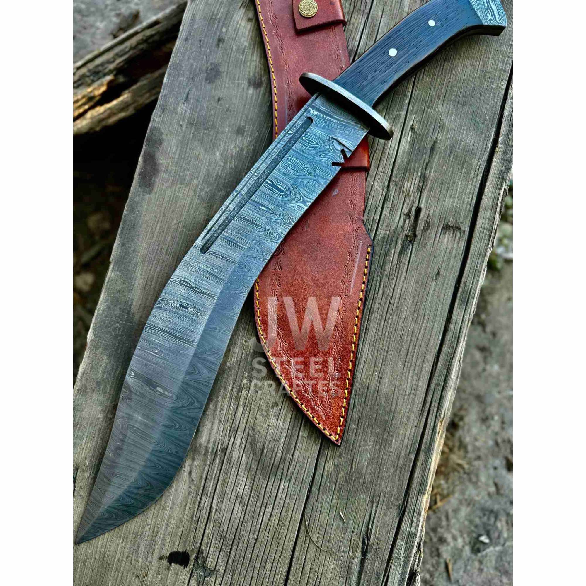 Handmade Kukri Bowie Knife Damascus Steel Recurve Blade Full Tang with Leather Sheath – JW SteelCrafts