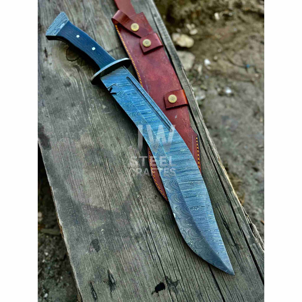 Handmade Kukri Bowie Knife Damascus Steel Recurve Blade Full Tang with Leather Sheath – JW SteelCrafts