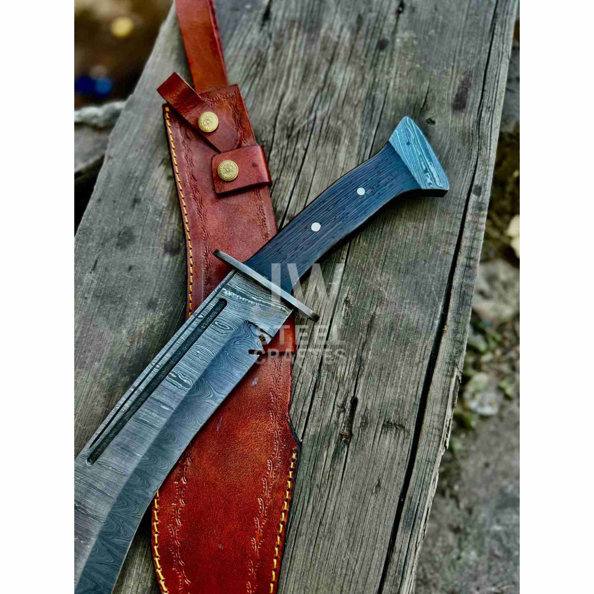Handmade Kukri Bowie Knife Damascus Steel Recurve Blade Full Tang with Leather Sheath – JW SteelCrafts