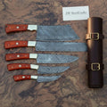 JW SteelCrafts 5 Piece Damascus Kitchen Knife Set with Leather Roll, Butcher Bread Chef Utility Paring Knife Set, Handmade Damascus Steel Collection