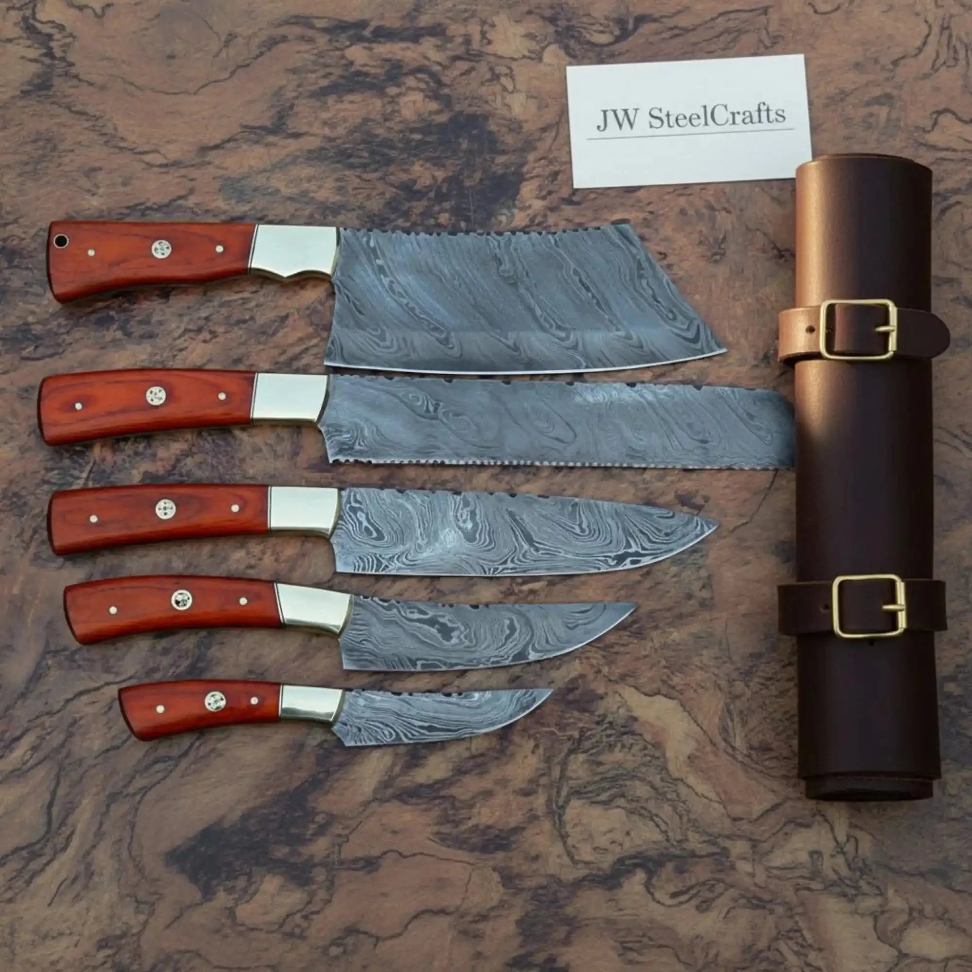 JW SteelCrafts 5 Piece Damascus Kitchen Knife Set with Leather Roll, Butcher Bread Chef Utility Paring Knife Set, Handmade Damascus Steel Collection