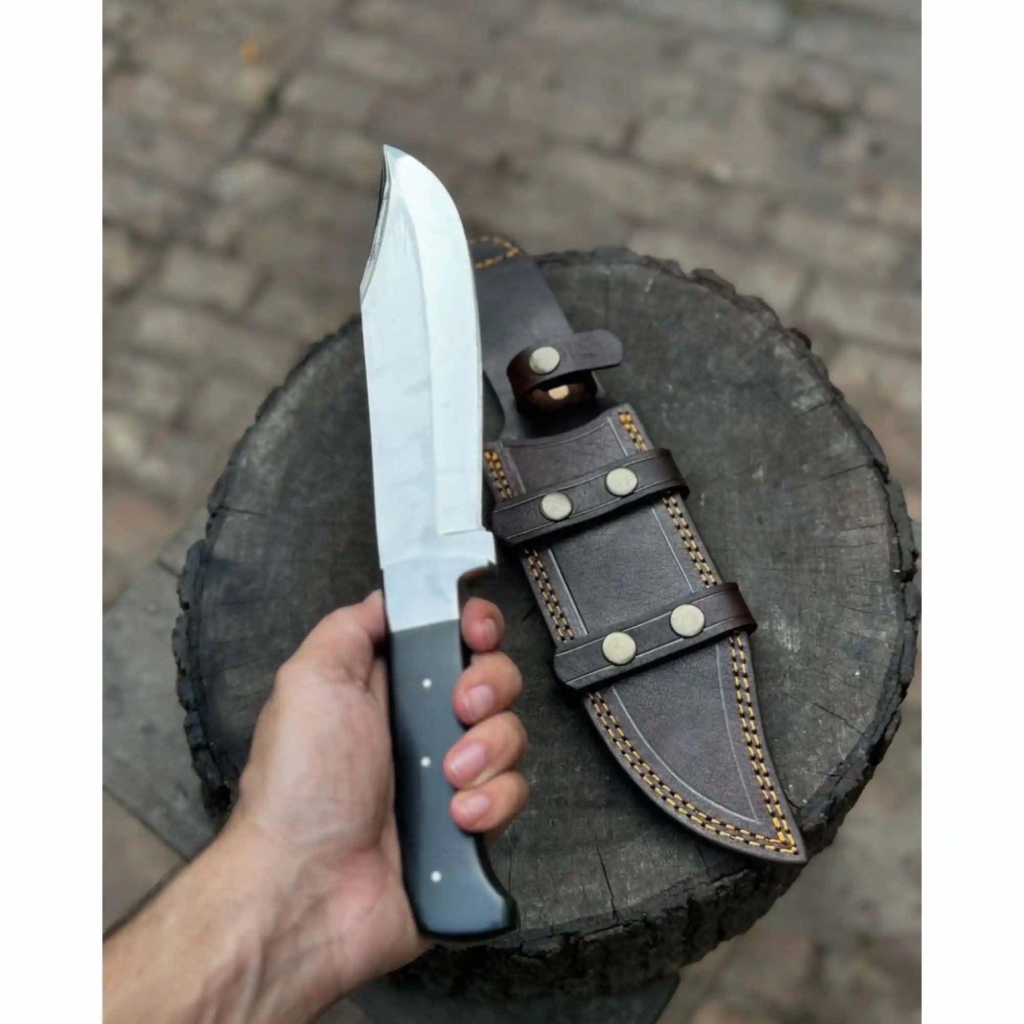 Frontier Bowie Knife, Hand Forged High Carbon Steel Clip Point Blade, Black Micarta Handle, Full Tang with Leather Sheath
