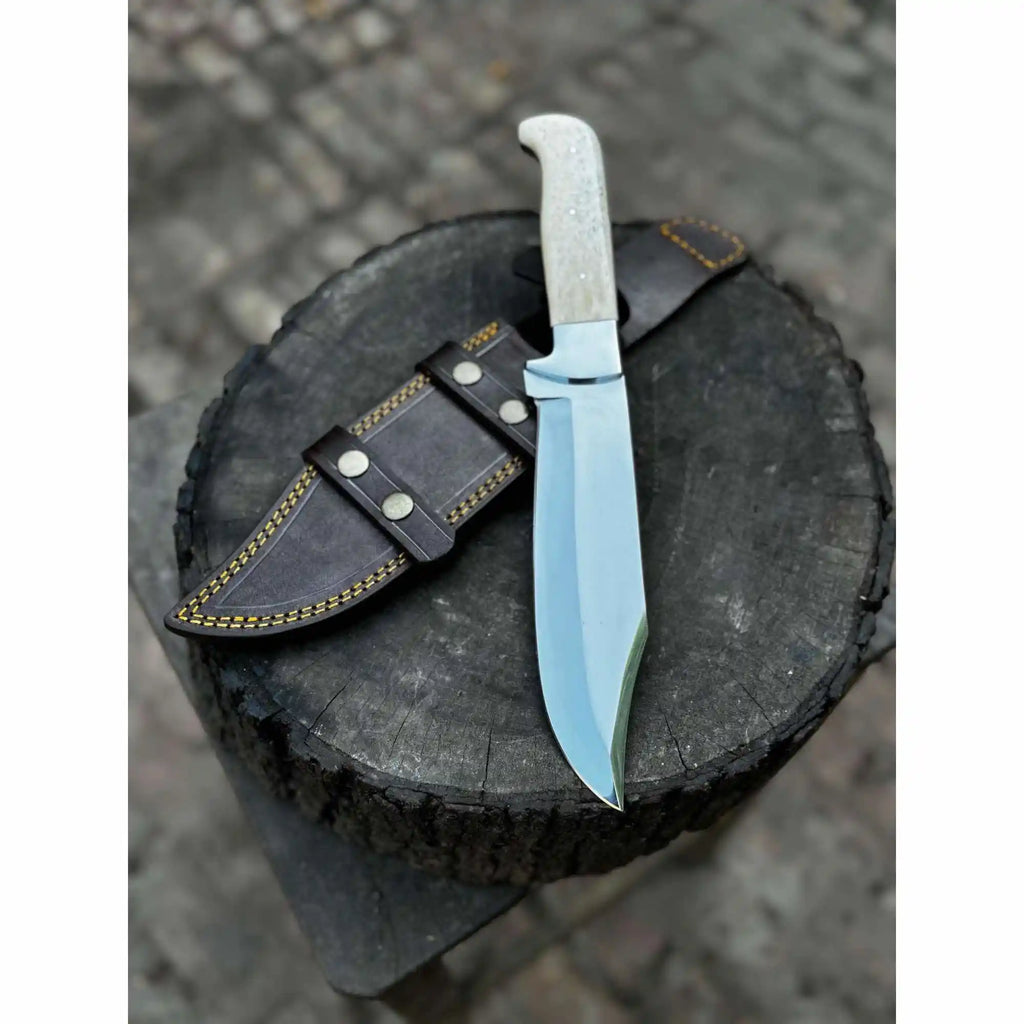 Frontier Bowie Knife, Hand Forged High Carbon Steel Clip Point Blade, Black Micarta Handle, Full Tang with Leather Sheath