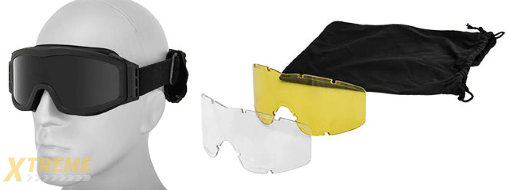 Lancer Tactical CA-203B Airsoft Safety Goggles Basic with Multi Lens Kit - Black Frame / Smoke, Clear and Yellow Lens