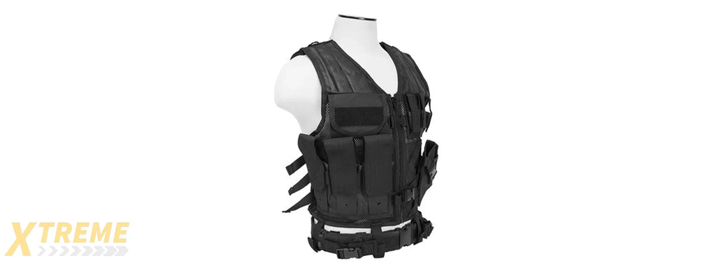 NCSTAR MILITARY CROSS DRAW VEST W/ INTEGRATED HOLSTER - BLACK 2XL-3XL
