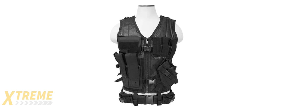 NCSTAR MILITARY CROSS DRAW VEST W/ INTEGRATED HOLSTER - BLACK 2XL-3XL