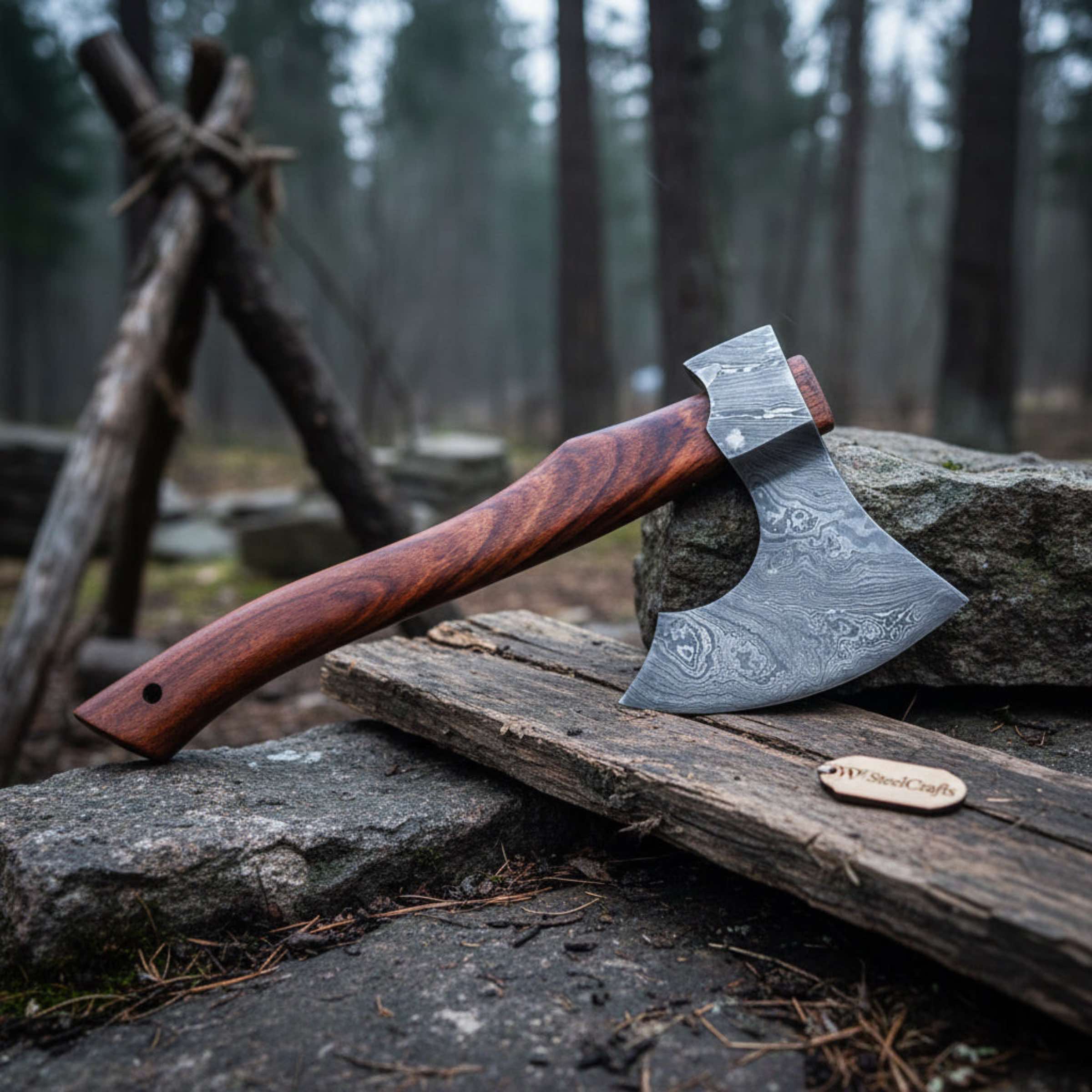 Traditional Norse Bearded War Axe (Skeggøx) featuring Damascus Steel Head, Solid Wood Handle, Sheath Included
