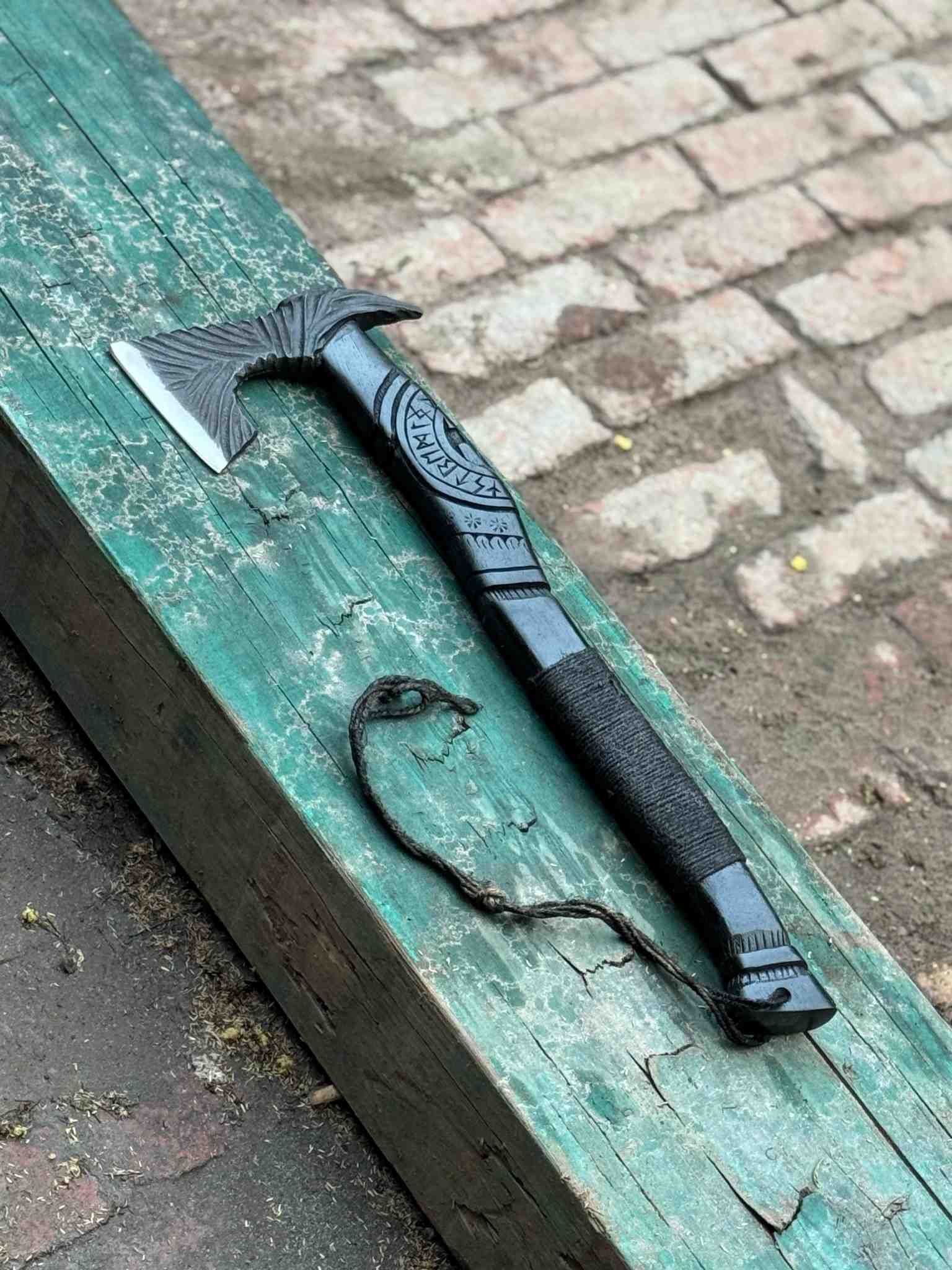 Viking-Style Hand-Carved Battle Axe | Blackened Wood Handle & Leather Sheath