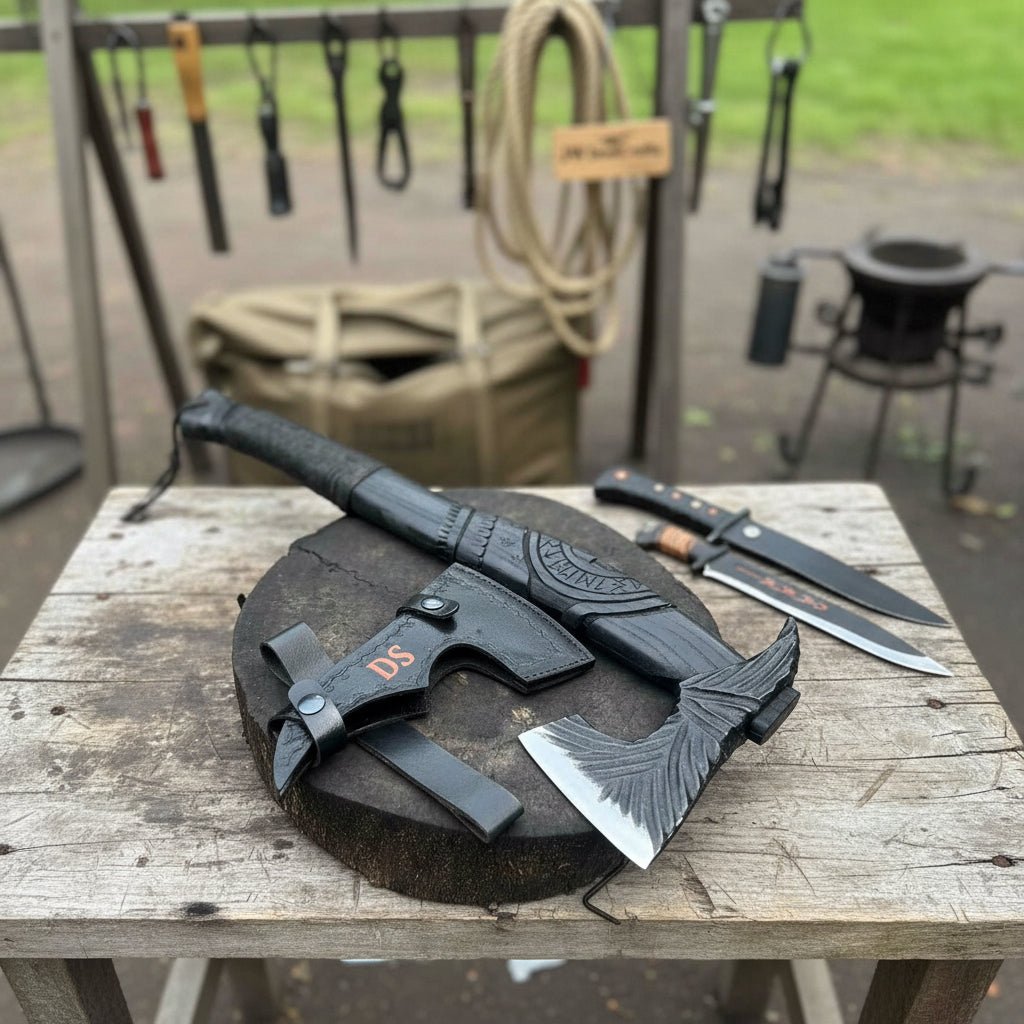 Viking-Style Hand-Carved Battle Axe | Blackened Wood Handle & Leather Sheath
