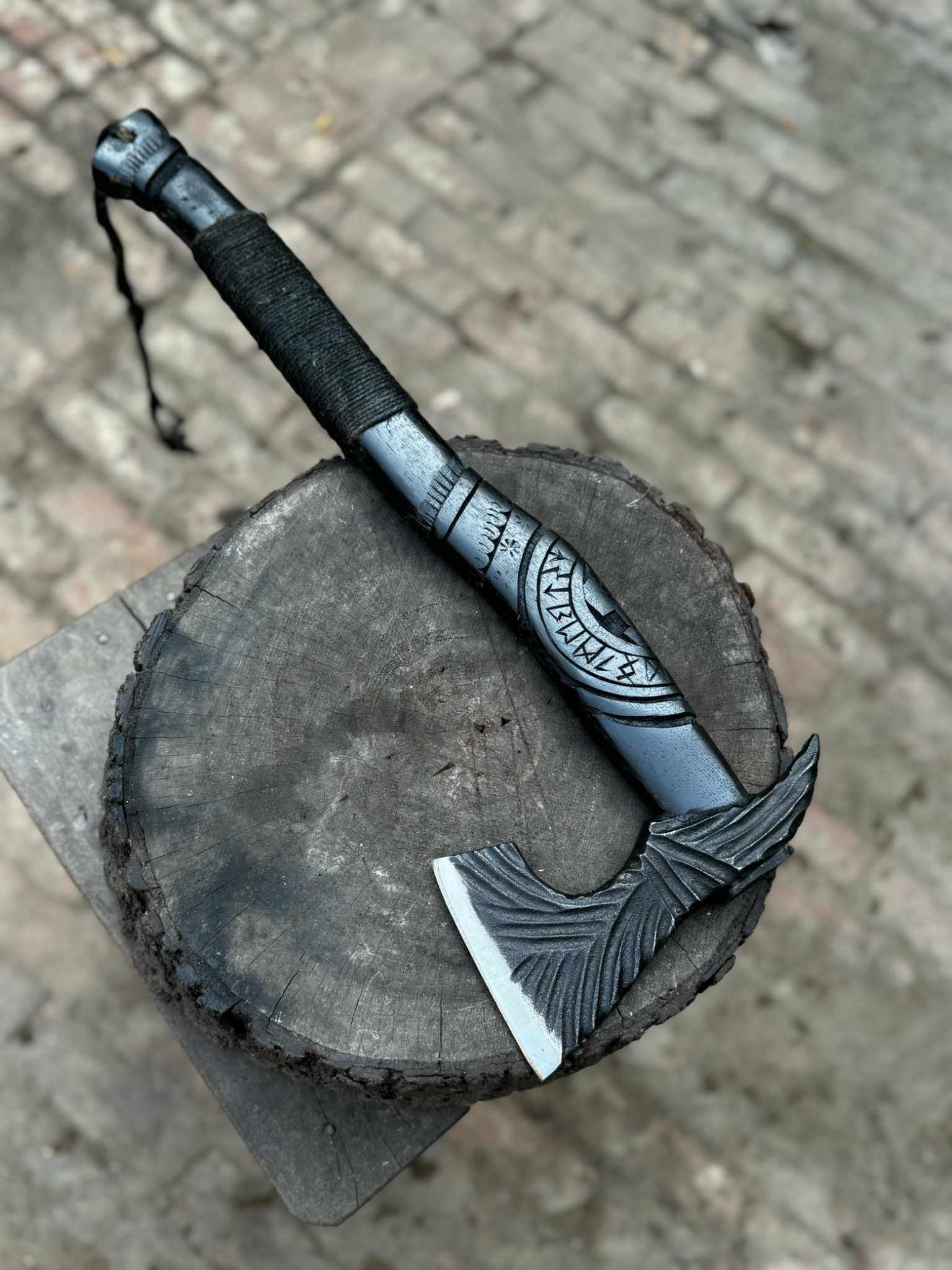 Viking-Style Hand-Carved Battle Axe | Blackened Wood Handle & Leather Sheath