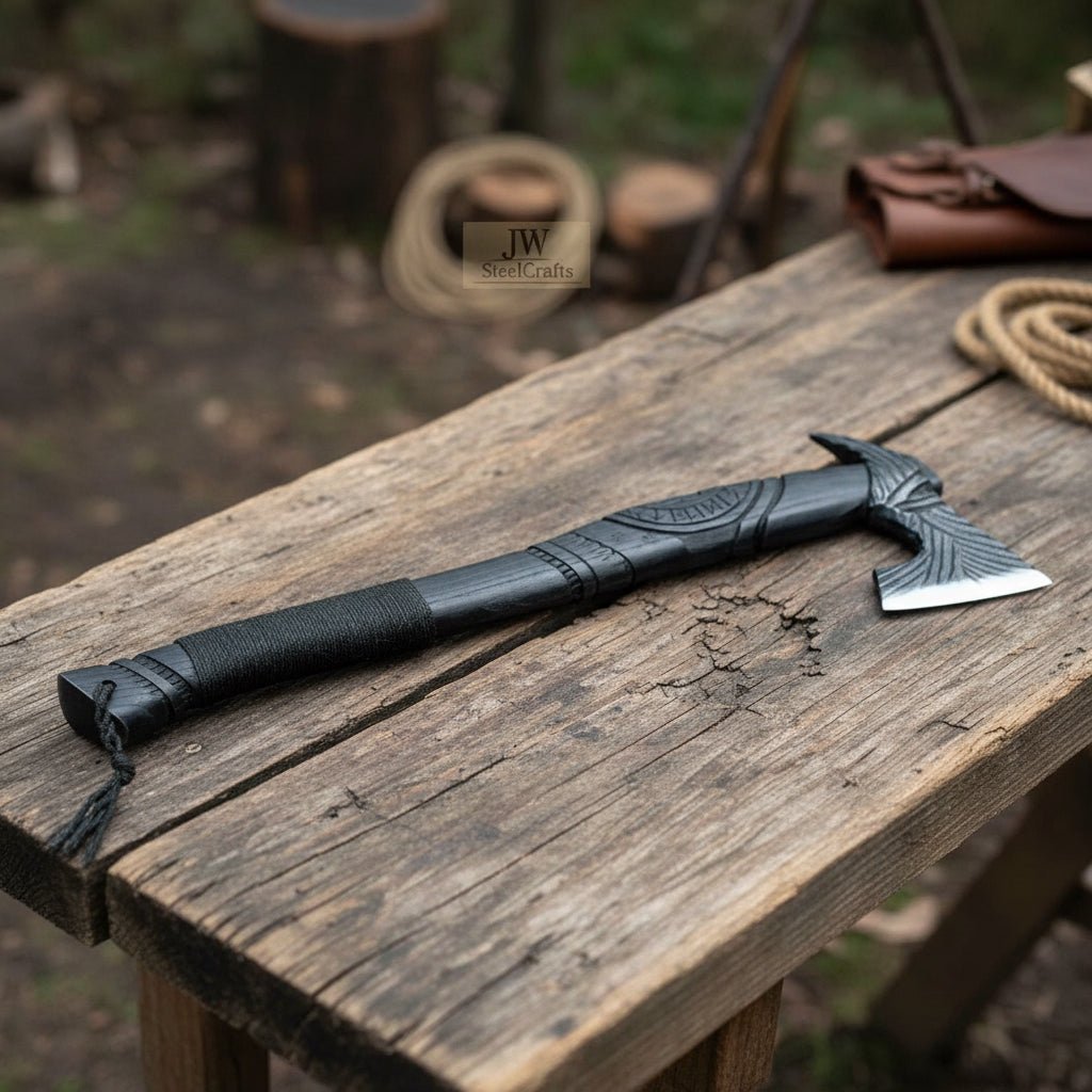 Viking-Style Hand-Carved Battle Axe | Blackened Wood Handle & Leather Sheath