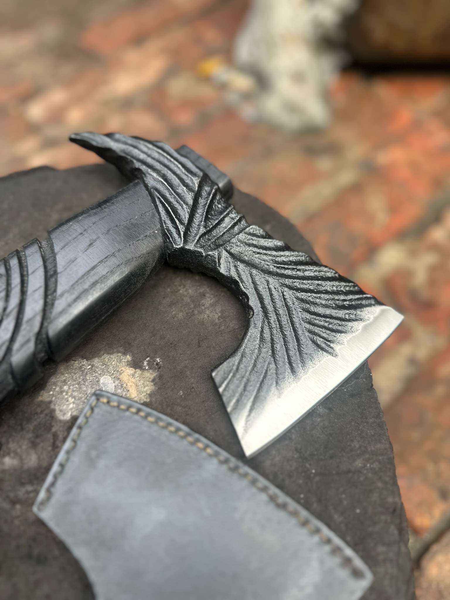 Viking-Style Hand-Carved Battle Axe | Blackened Wood Handle & Leather Sheath