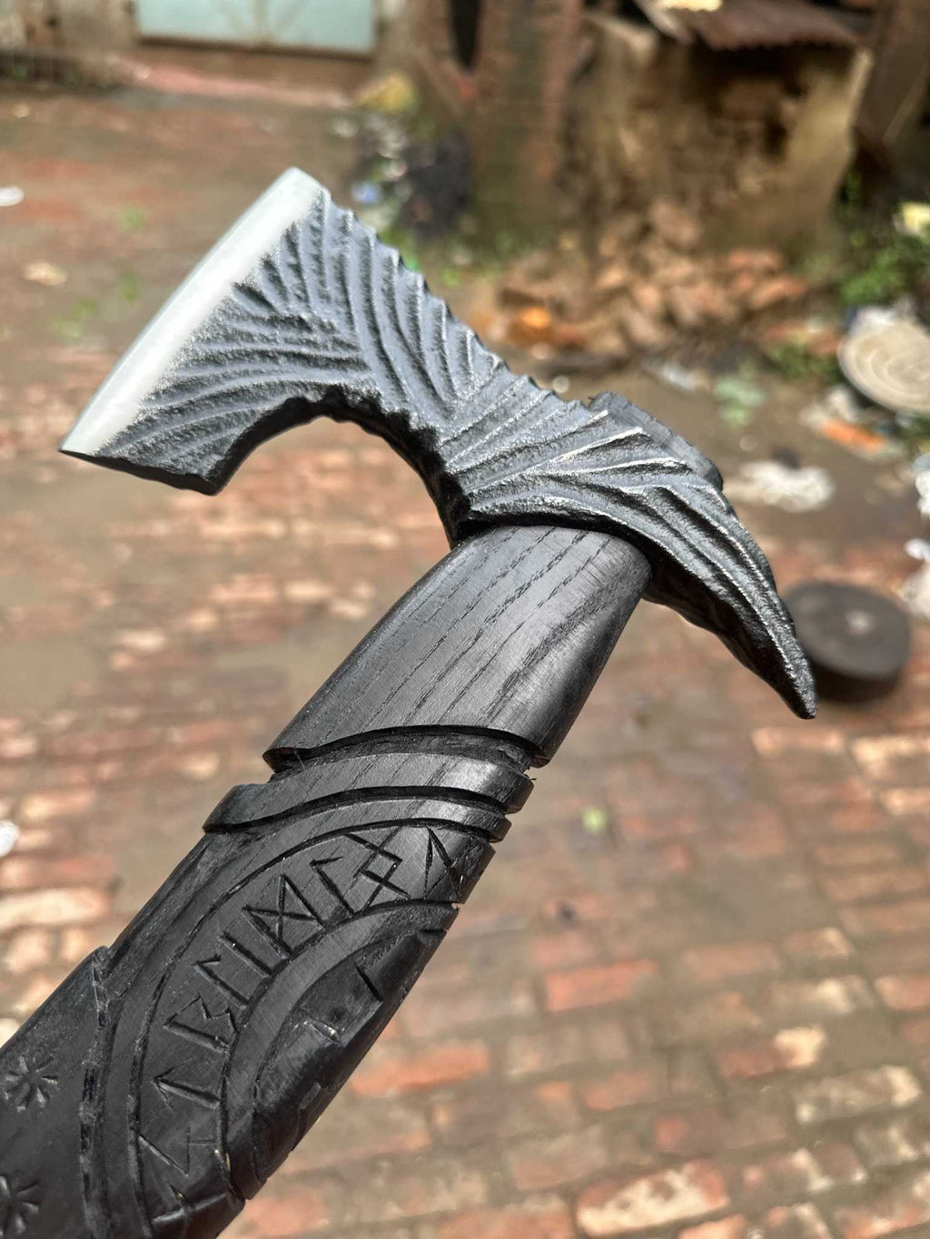 Viking-Style Hand-Carved Battle Axe | Blackened Wood Handle & Leather Sheath