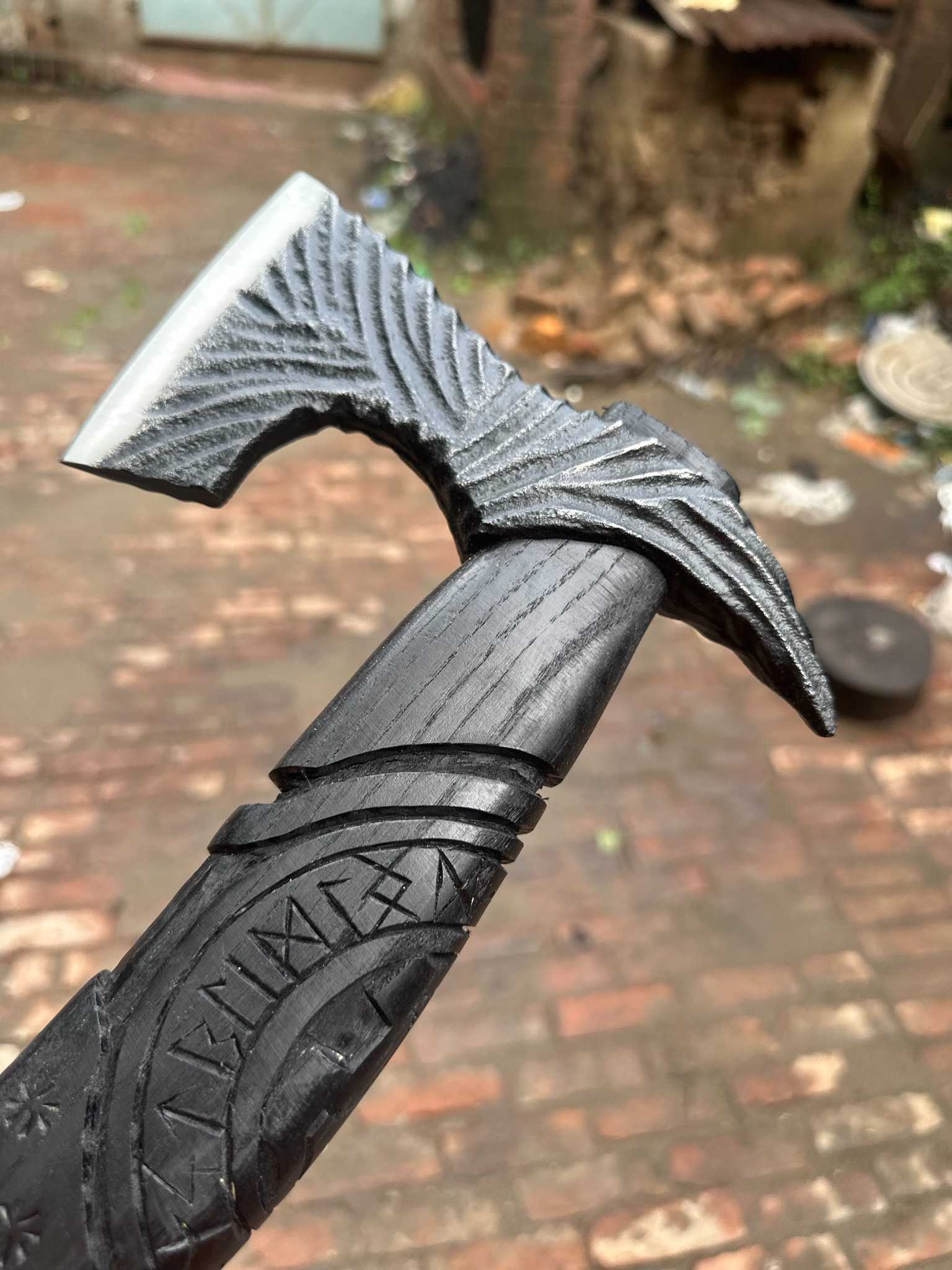 Viking-Style Hand-Carved Battle Axe | Blackened Wood Handle & Leather Sheath