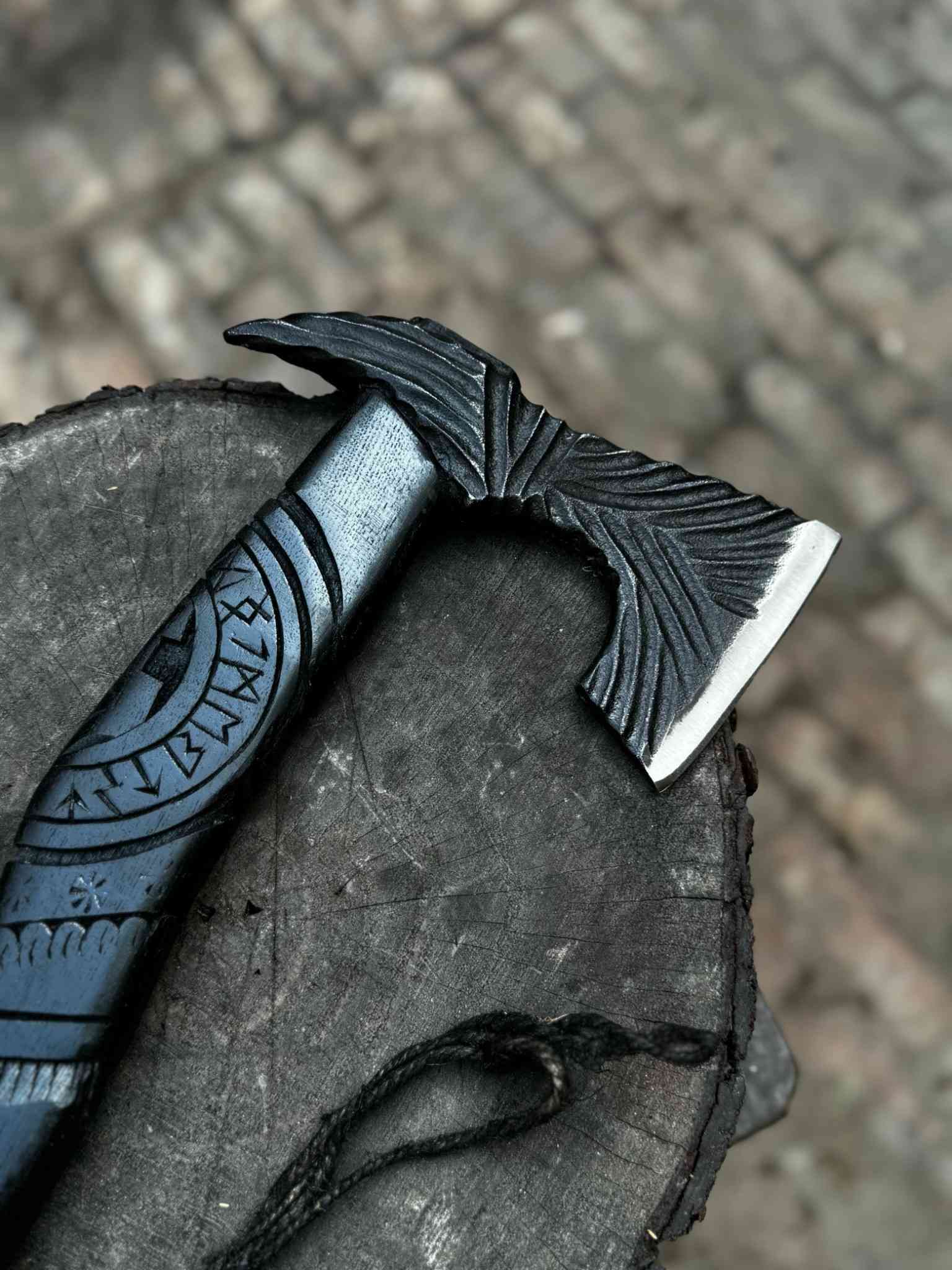 Viking-Style Hand-Carved Battle Axe | Blackened Wood Handle & Leather Sheath