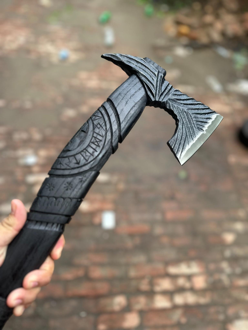 Viking-Style Hand-Carved Battle Axe | Blackened Wood Handle & Leather Sheath