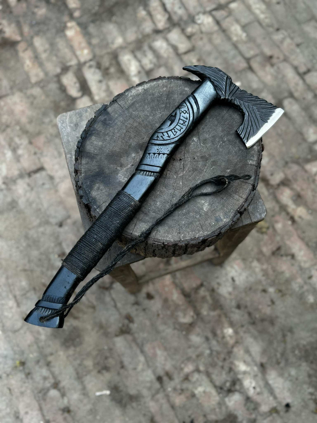 Viking-Style Hand-Carved Battle Axe | Blackened Wood Handle & Leather Sheath